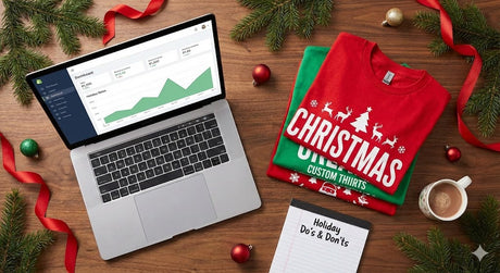 image of christmas shirts and laptop for an apparel business