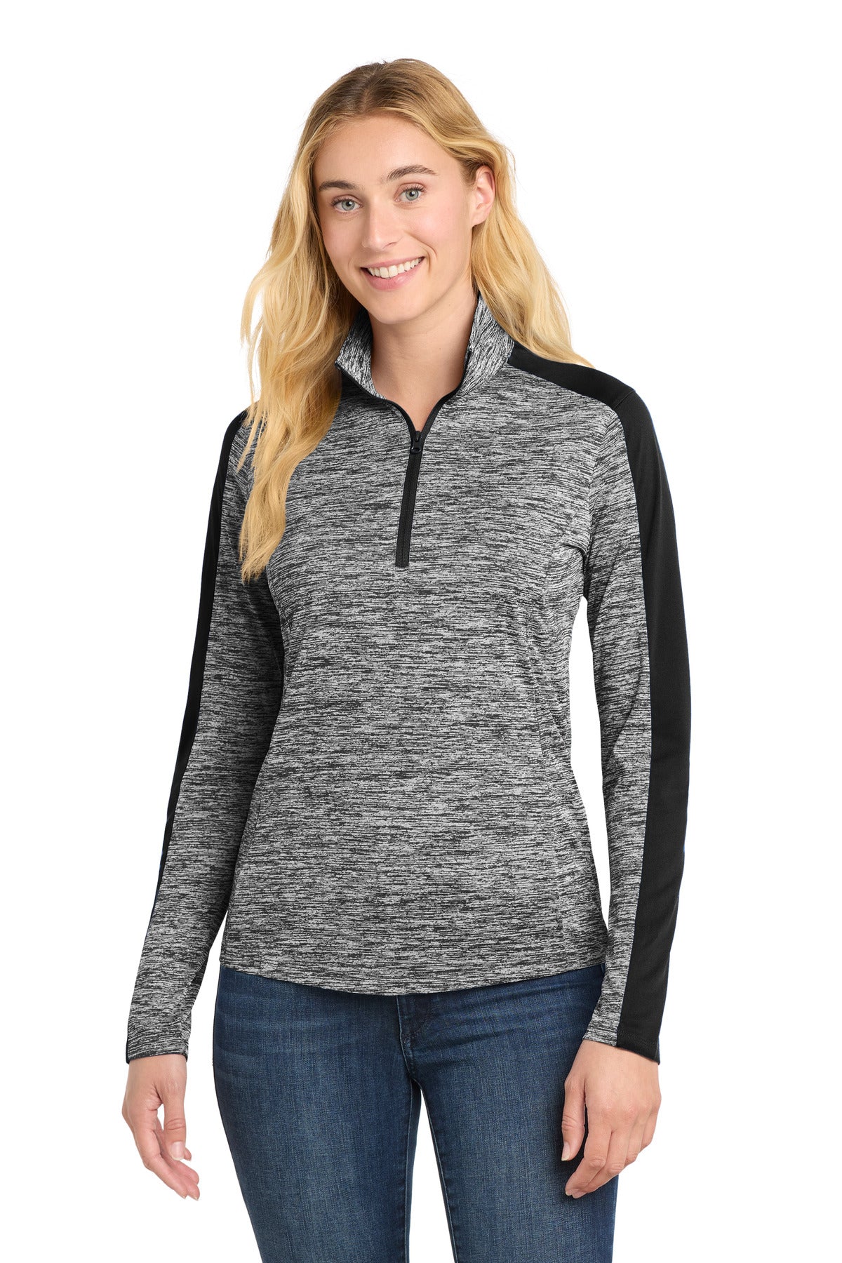 Sport-Tek ®  Women's PosiCharge ®  Electric Heather Colorblock 1/4-Zip Pullover. LST397
